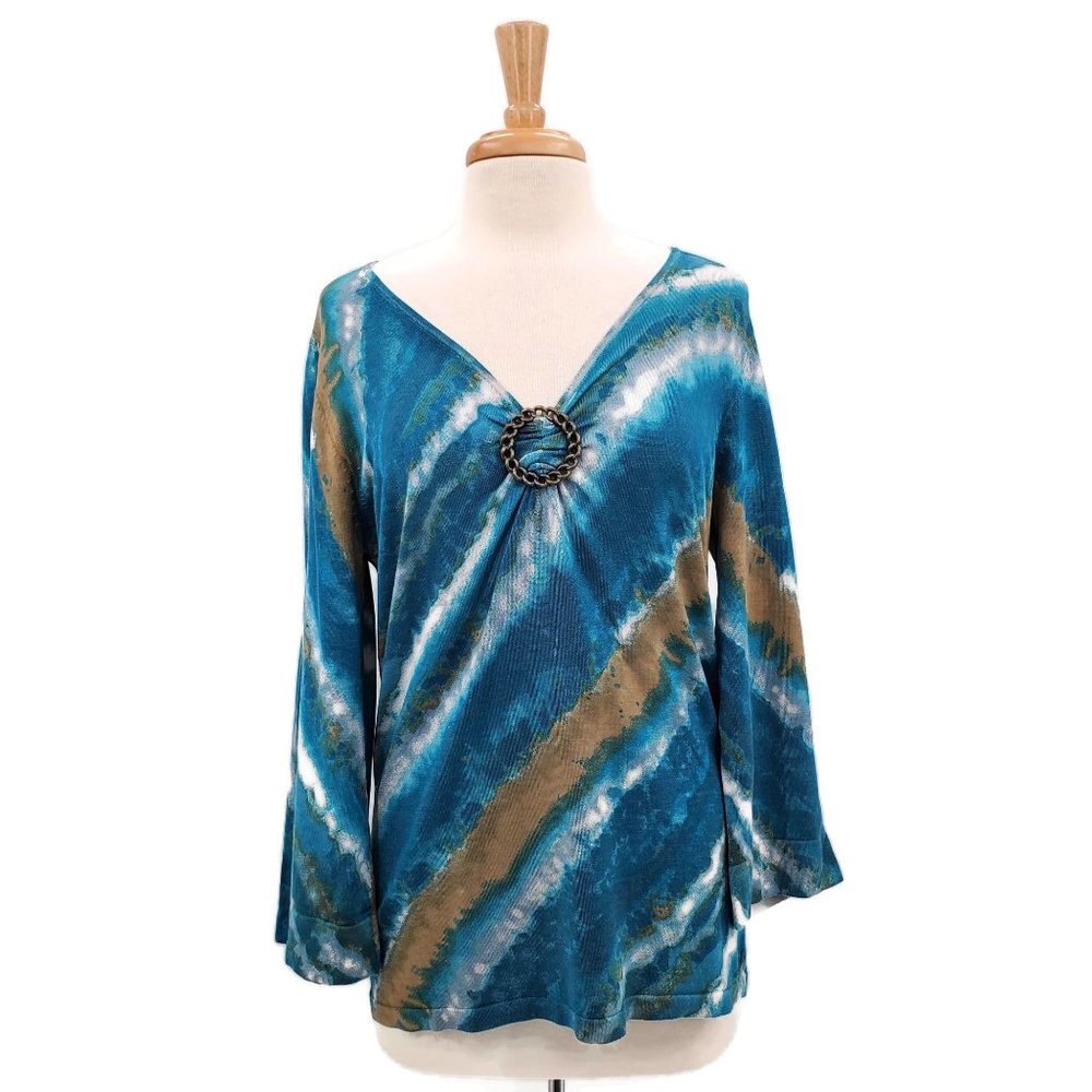 August Silk Womens Blue Gold Tie Dye Long Sleeve V-Neck‎ Blouse Top Size Large L
